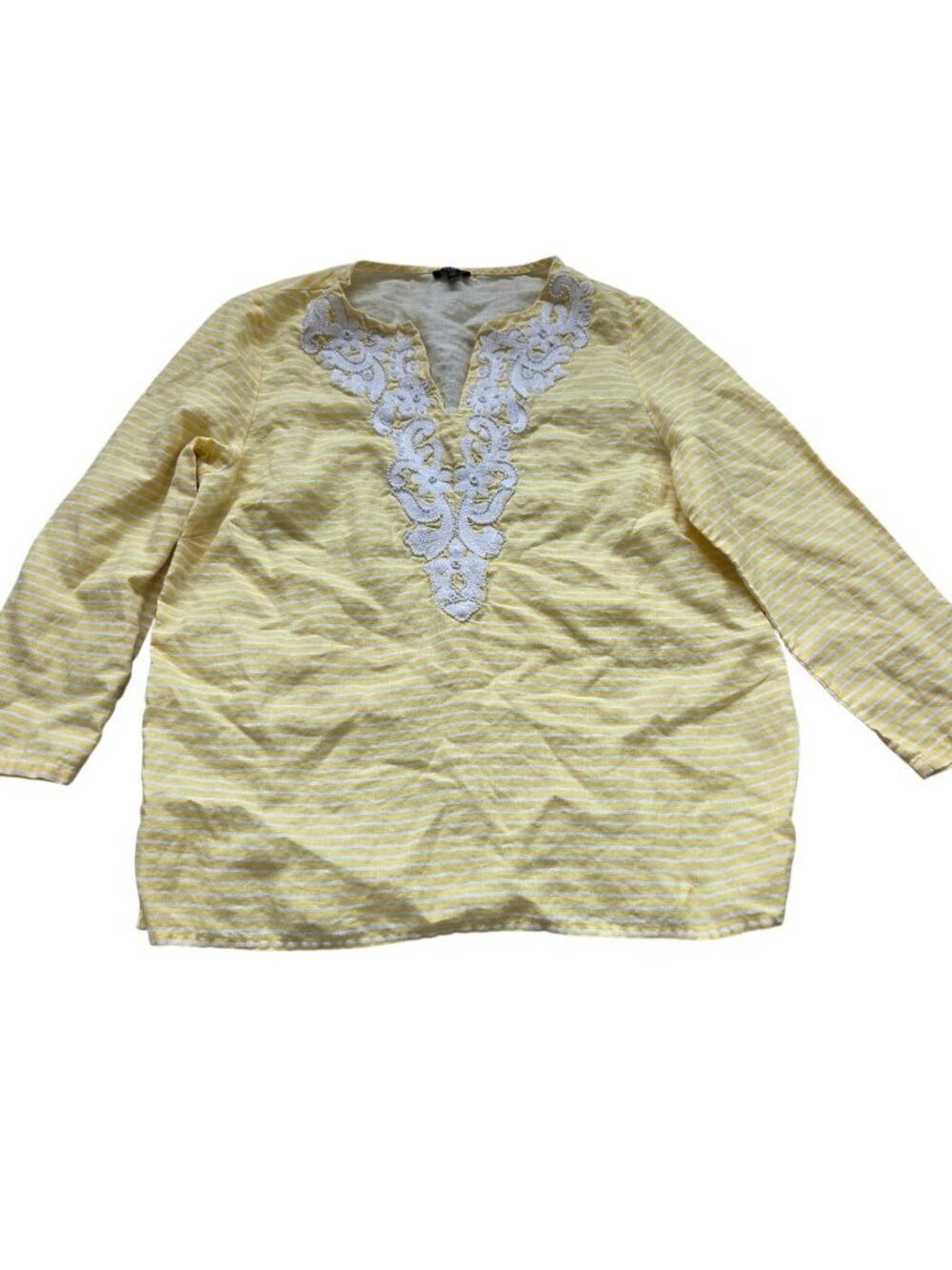Talbots Top Womens Medium Yellow Petite Linen Tunic Blouse 3/4 Sleeve Striped